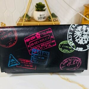 Travel Stamp Print Black Women's Wallet
